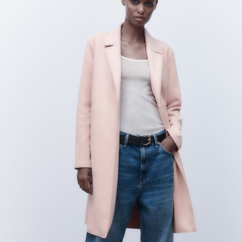 Zara Faux Suede Lapel Collar Coat Trench Jacket Blush Pink Size Medium